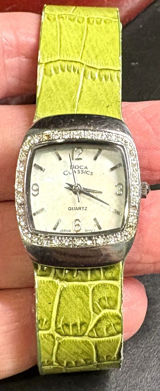Boca Classics Ladies Silver Tone Watch with Crystal Accents, Green Leather Band